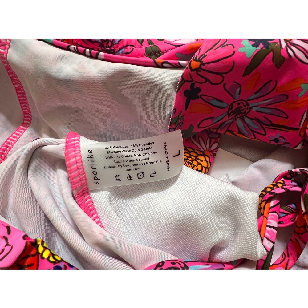 Sporlike Womens Pink Floral Ruffle V-Neck Lace Up One Piece Swimsuit Size L NEW - Picture 6 of 7